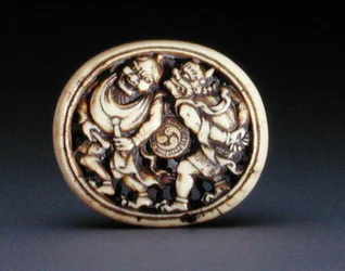 Netsuke, das Raiden mit dem Windgott Futen darstellt, 1860-70